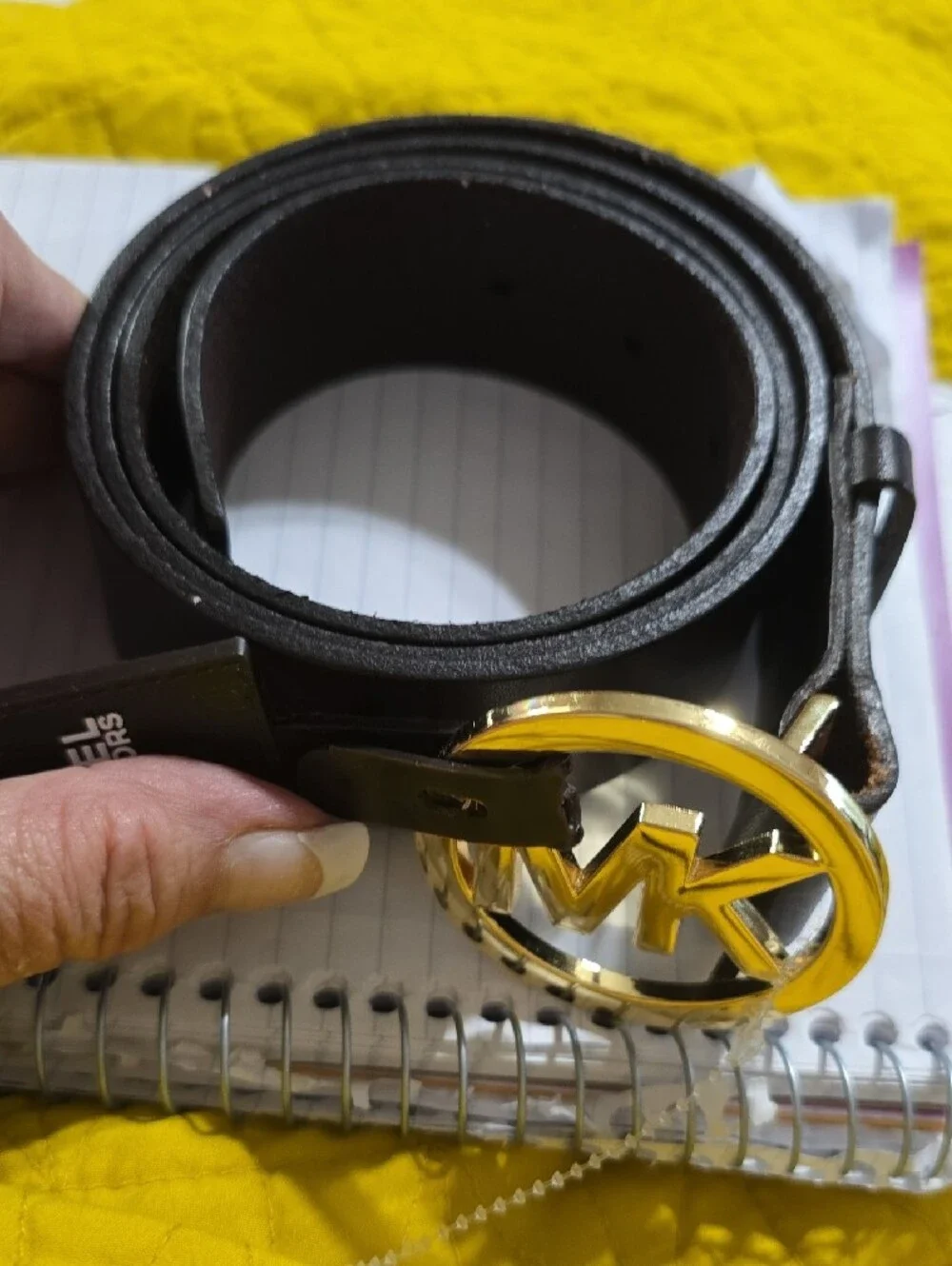 Michael Kors Black Leather Belt with Gold MK Circle Buckle XL